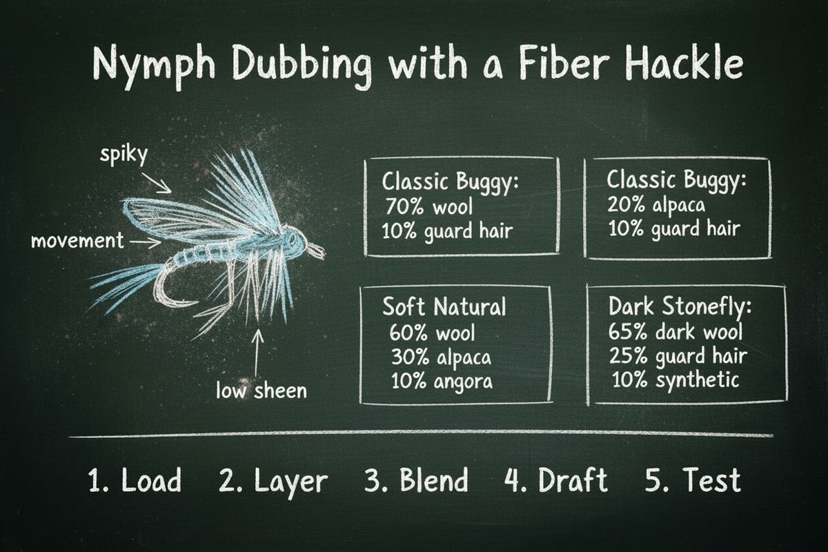 Blackboard diagram showing nymph dubbing with a fiber hackle — nymph fly sketch with callouts for spiky texture, natural movement, and low sheen, three blend recipes, and a five-step blending process.