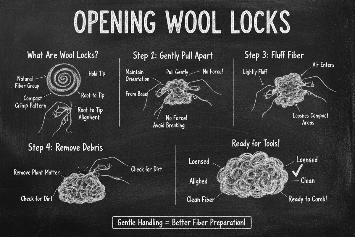 Chalkboard diagram showing how to open wool locks: hold by tip to maintain orientation, gently pull apart from base, fluff fiber to loosen compact areas, remove debris, creating loosened aligned clean fiber ready for combing