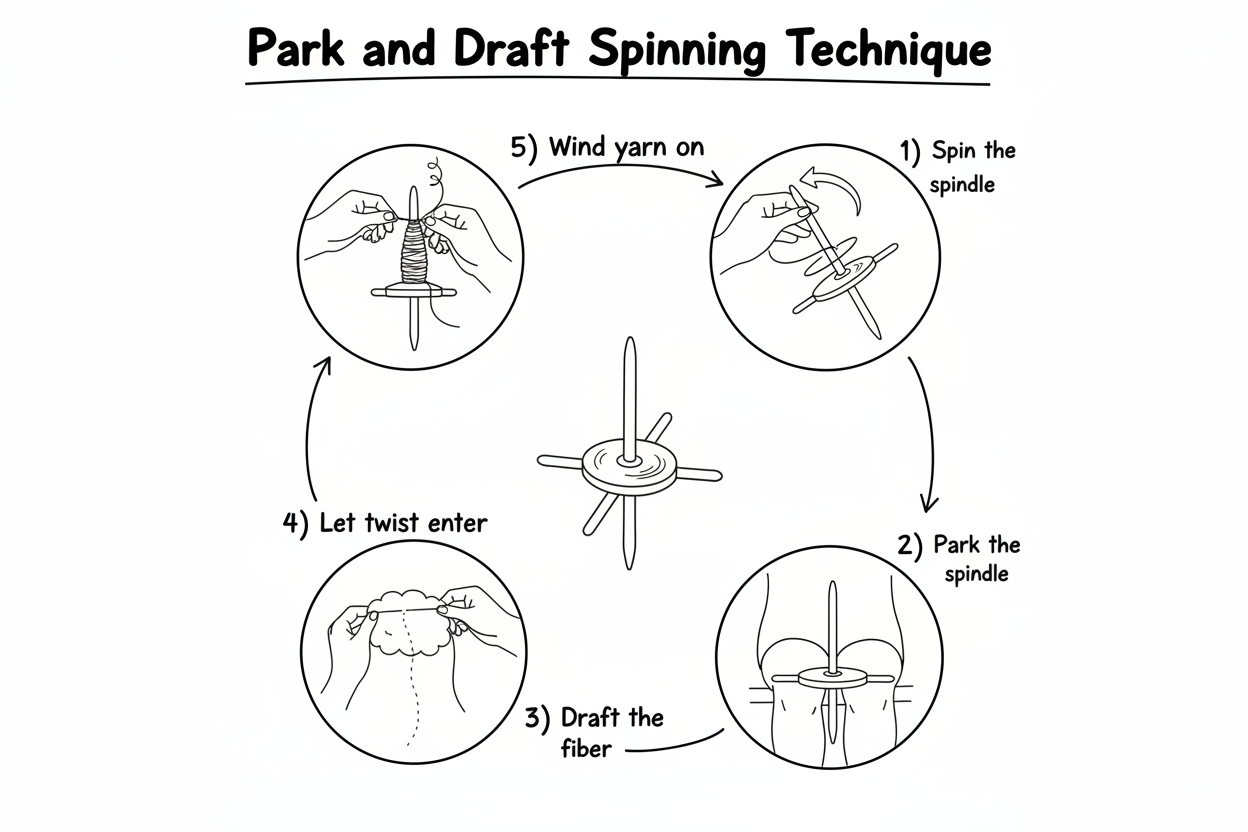 Whiteboard diagram showing the 5-step park and draft spinning process in a circular flow