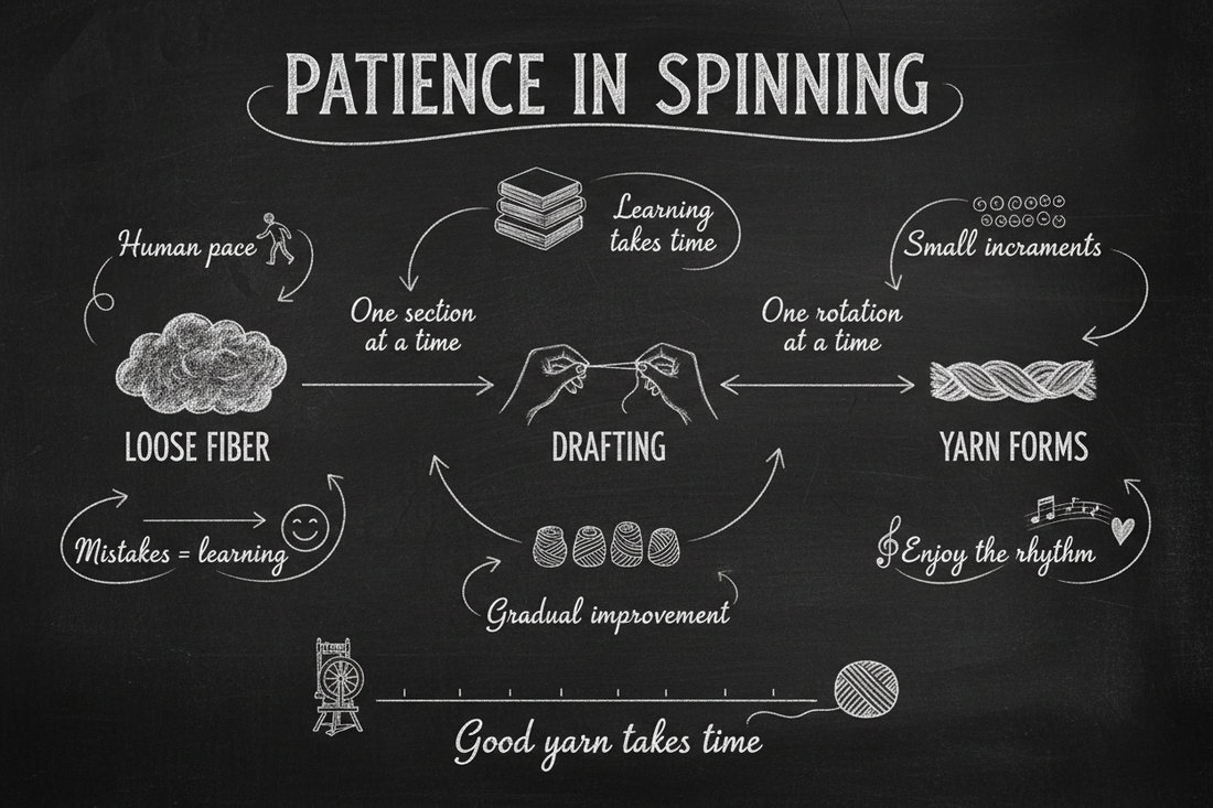 Blackboard diagram showing seven aspects of patience in spinning — human pace, learning curve, yarn formation, handling mistakes, gradual improvement, enjoying the process, and the time investment behind every skein