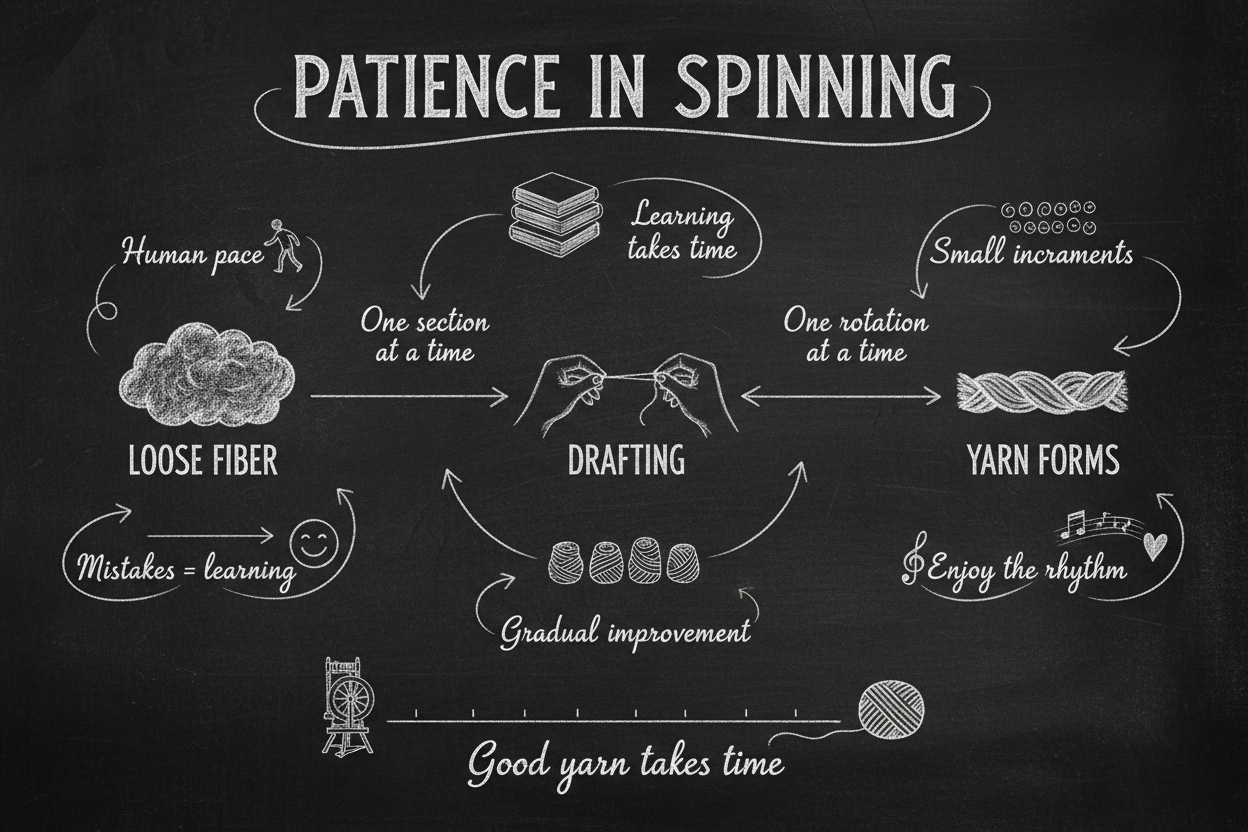 Blackboard diagram showing seven aspects of patience in spinning — human pace, learning curve, yarn formation, handling mistakes, gradual improvement, enjoying the process, and the time investment behind every skein