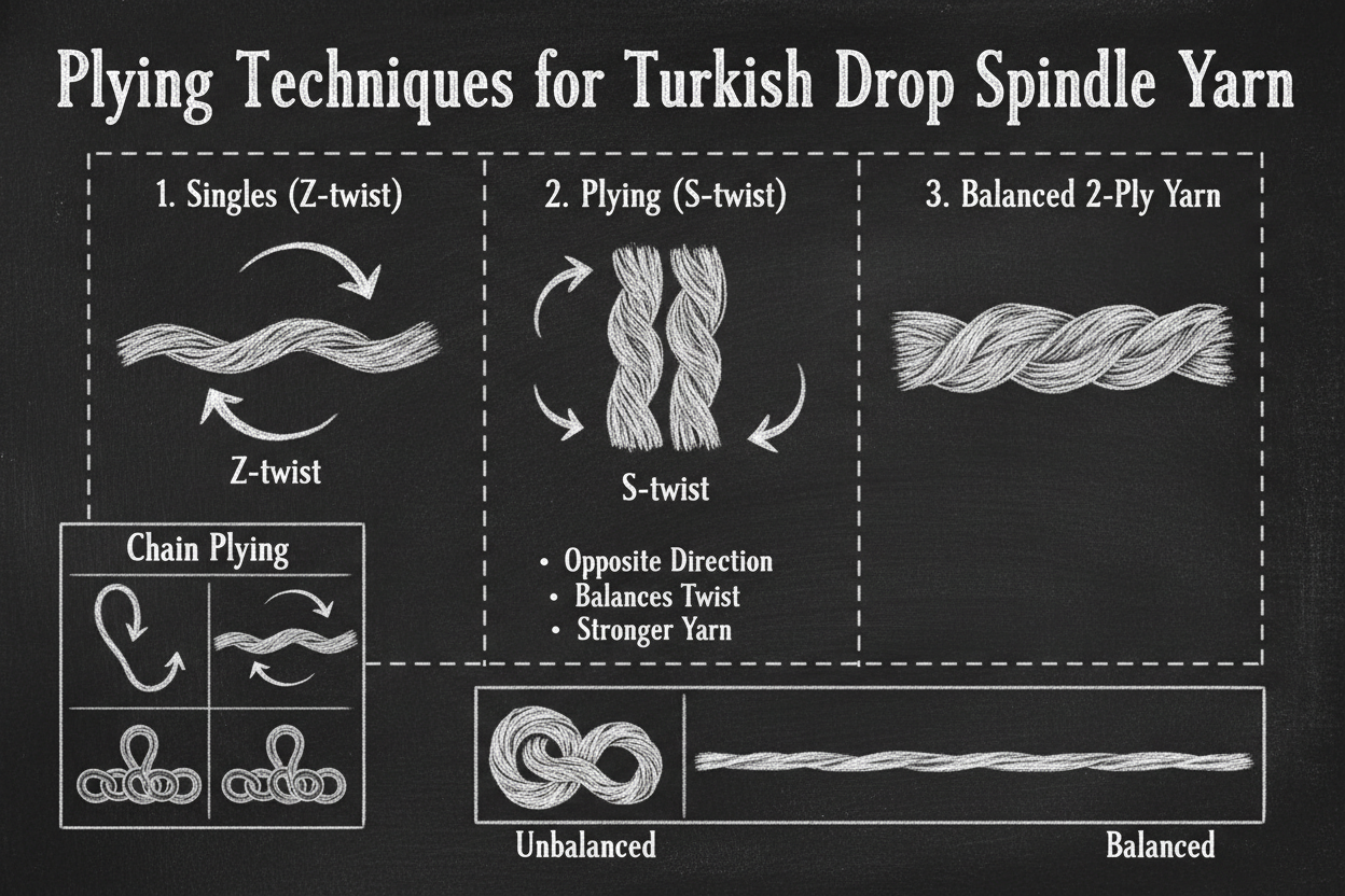 Blackboard diagram showing plying techniques for Turkish drop spindle yarn: Z-twist singles, S-twist plying direction, two-ply yarn structure, chain plying method, and balanced versus unbalanced yarn comparison