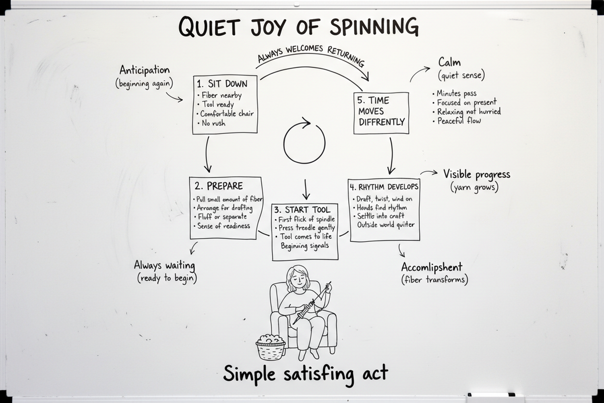 Whiteboard diagram showing eight stages of the quiet joy of sitting down to spin — from anticipation and fiber preparation through rhythm, settling in, time shifting, yarn growth, and the craft's open invitation to return
