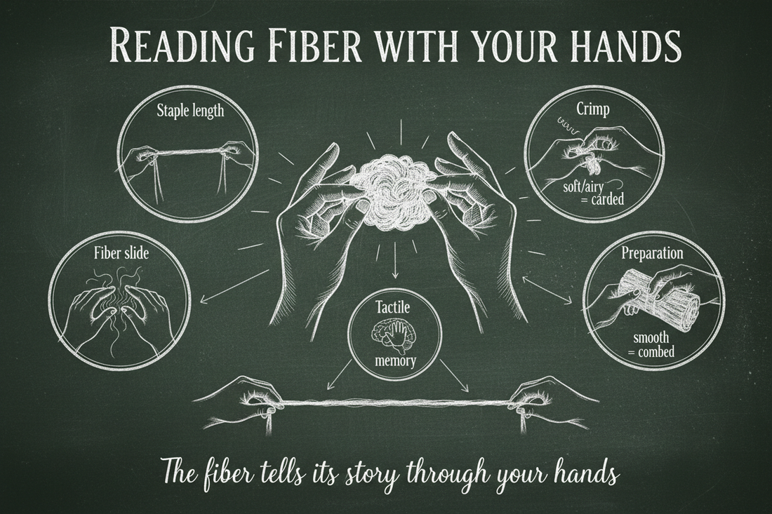 Blackboard diagram illustrating how spinners read fiber by hand, showing staple length assessment, crimp wave pattern, fiber slide test, and carded versus combed preparation differences