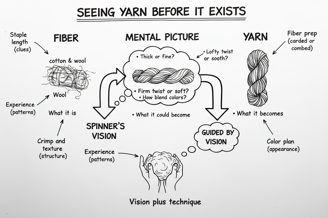 Whiteboard diagram showing seven aspects of how spinners learn to see yarn before it exists — reading fiber clues, imagining thickness and twist, considering preparation and color, building experience, and turning mental vision into real yarn
