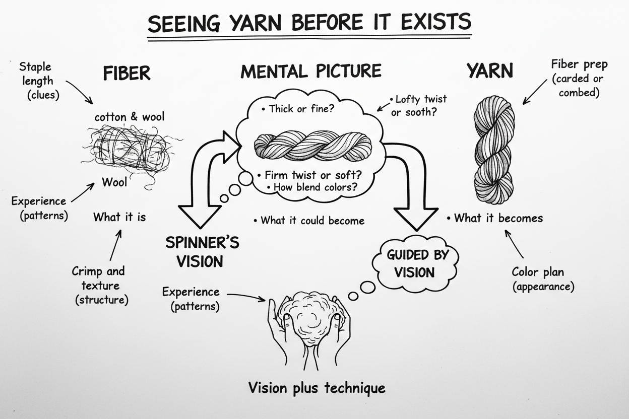 Whiteboard diagram showing seven aspects of how spinners learn to see yarn before it exists — reading fiber clues, imagining thickness and twist, considering preparation and color, building experience, and turning mental vision into real yarn