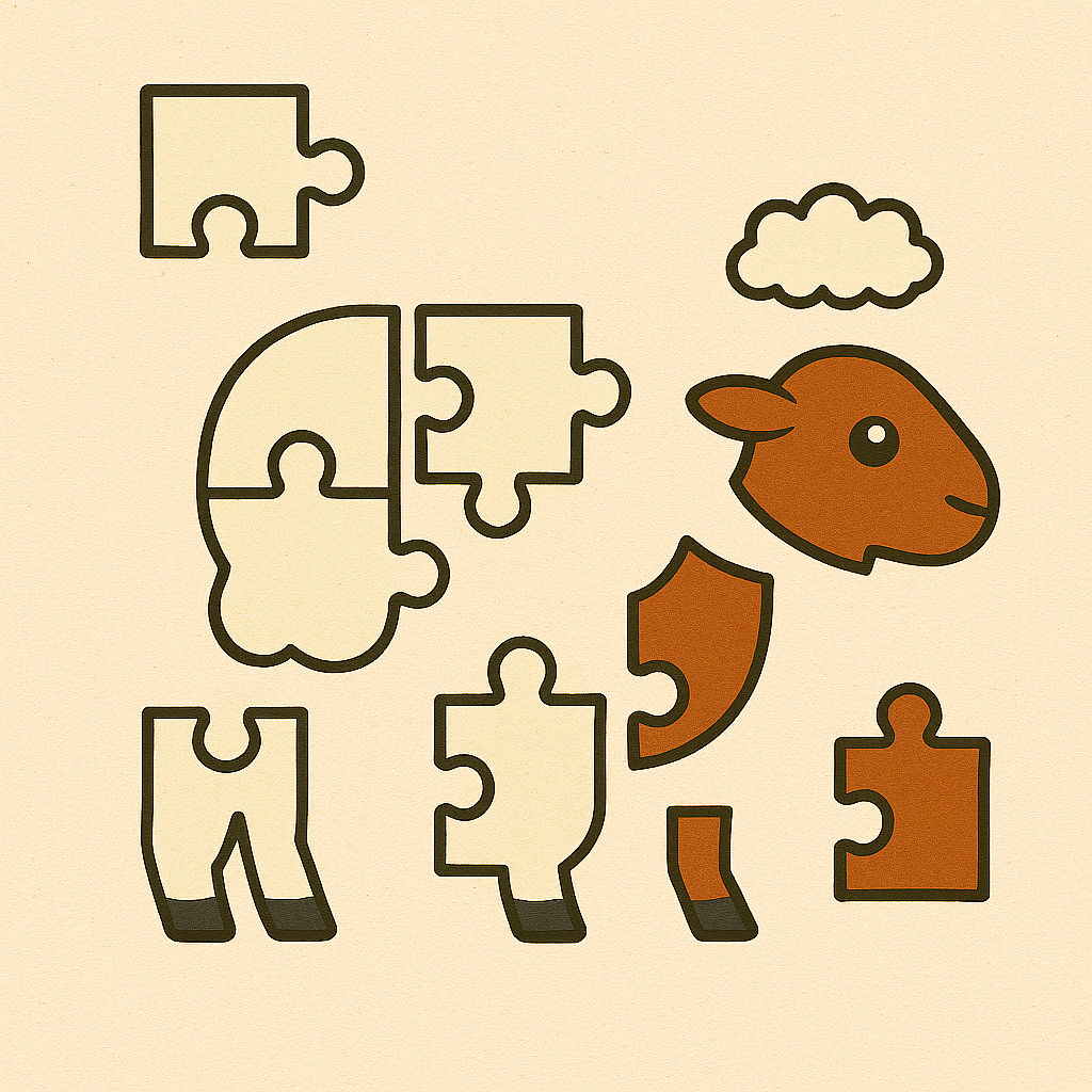 a puzzle made from a side view of a sheep slowly coming together