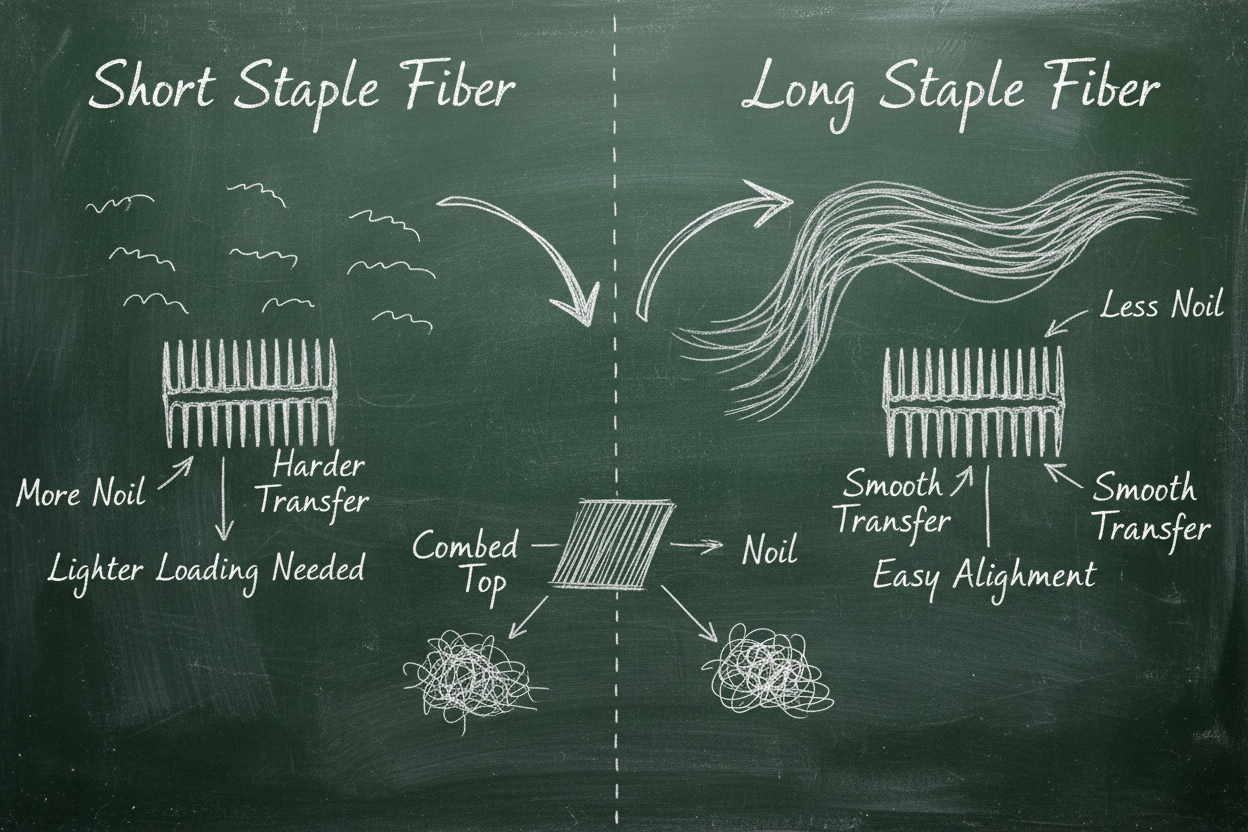 Chalkboard diagram comparing short staple vs long staple fiber in wool combs, showing how fiber length affects noil production and transfer efficiency