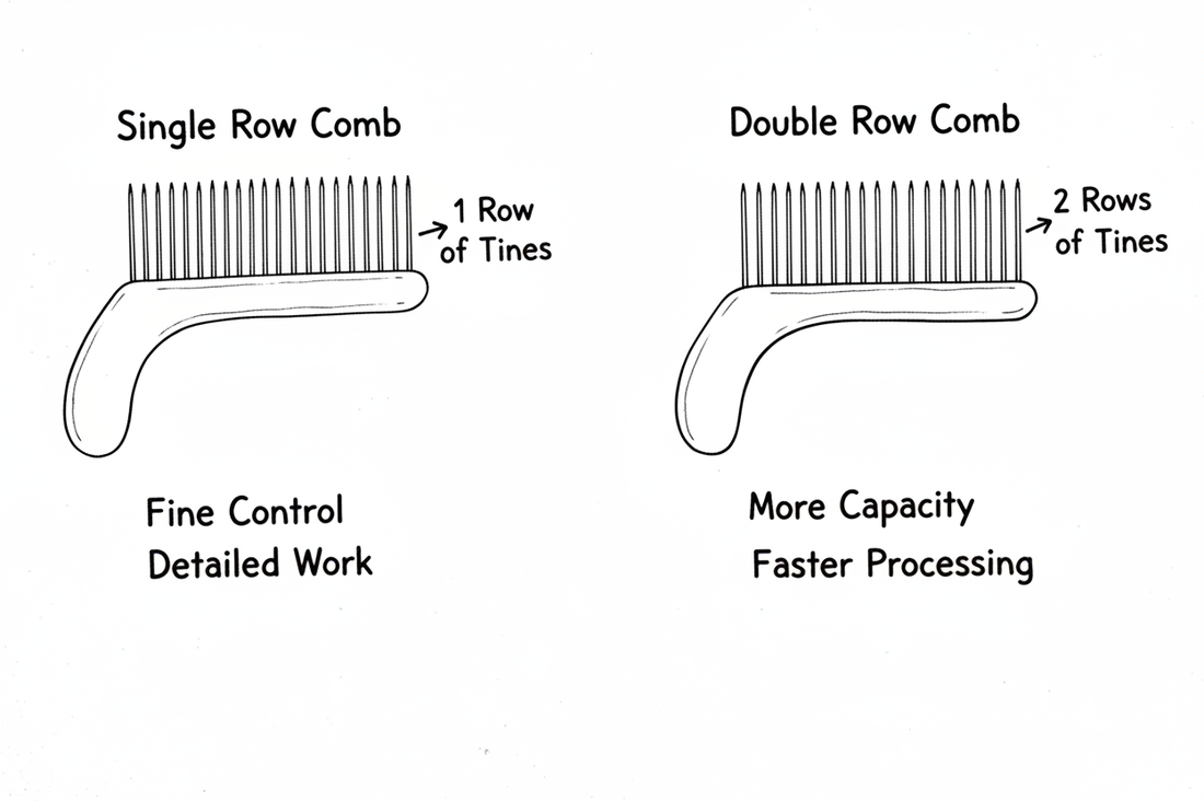 Whiteboard diagram comparing single row wool comb with one row of tines versus double row wool comb with two rows of tines, showing capacity and processing differences