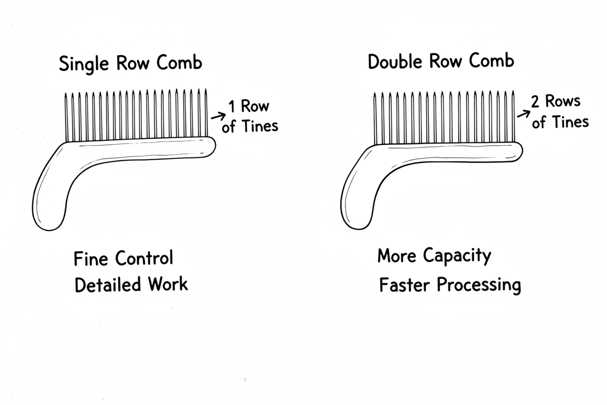 Whiteboard diagram comparing single row wool comb with one row of tines versus double row wool comb with two rows of tines, showing capacity and processing differences
