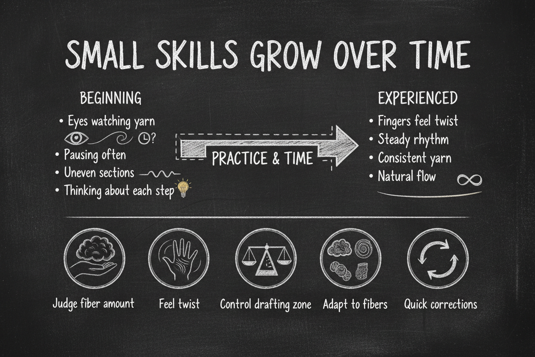 Blackboard diagram illustrating the small skills that develop in spinning over time, showing fiber drafting amount judgment, twist detection through fingertips, drafting zone control, and the steady rhythm of draft-twist-wind