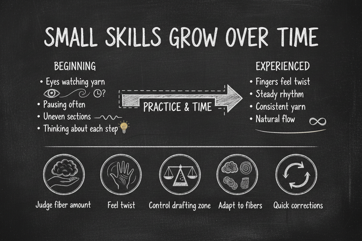 Blackboard diagram illustrating the small skills that develop in spinning over time, showing fiber drafting amount judgment, twist detection through fingertips, drafting zone control, and the steady rhythm of draft-twist-wind