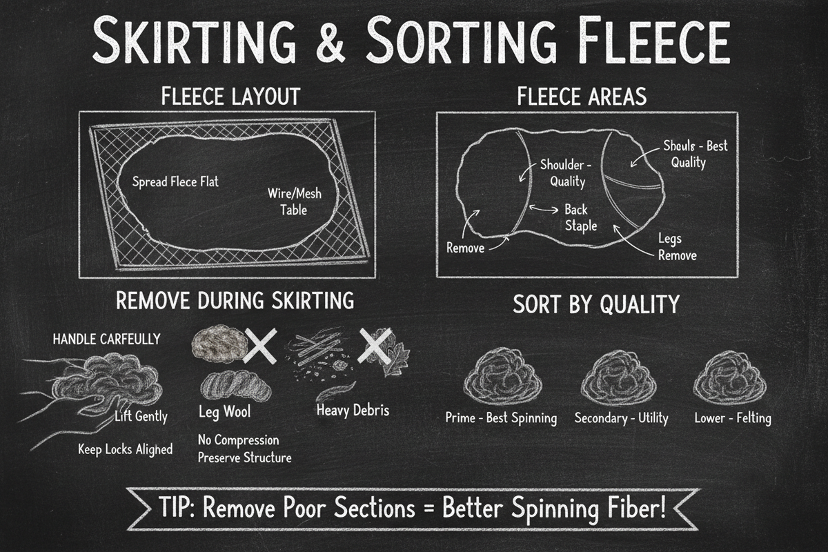 Chalkboard diagram showing how to skirt and sort fleece: spread fleece on skirting table, identify areas (shoulder best, belly/legs remove), sort by quality (prime, secondary, lower), and handle carefully to preserve lock structure