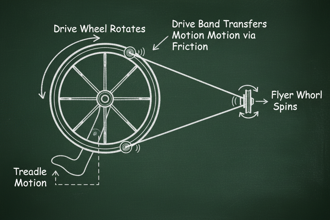 Blackboard diagram showing drive wheel connected by drive band to flyer whorl, with friction grip points and motion transfer arrows