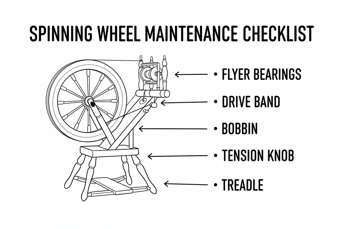 Whiteboard diagram showing spinning wheel maintenance checklist: regular tasks (clean after each session, oil monthly, check drive band before spinning, inspect flyer monthly), key maintenance areas, and listening tips