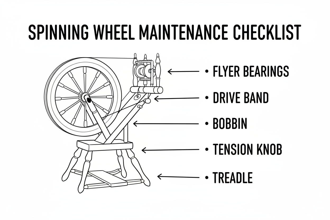 Whiteboard diagram showing spinning wheel maintenance checklist: regular tasks (clean after each session, oil monthly, check drive band before spinning, inspect flyer monthly), key maintenance areas, and listening tips