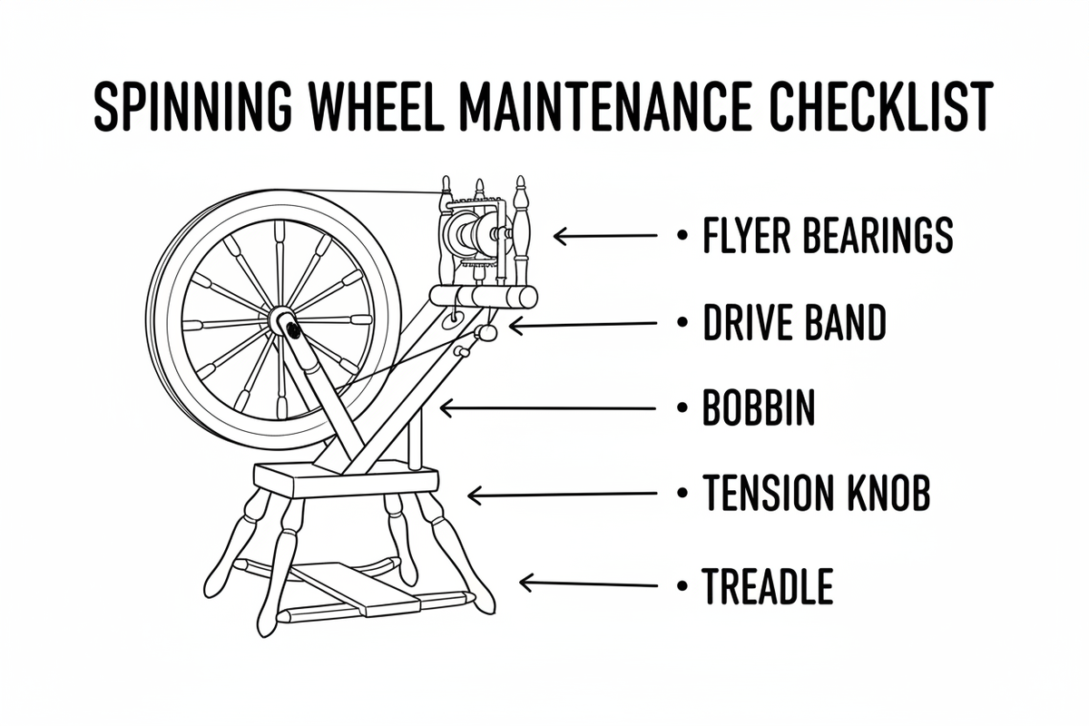 Whiteboard diagram showing spinning wheel maintenance checklist: regular tasks (clean after each session, oil monthly, check drive band before spinning, inspect flyer monthly), key maintenance areas, and listening tips