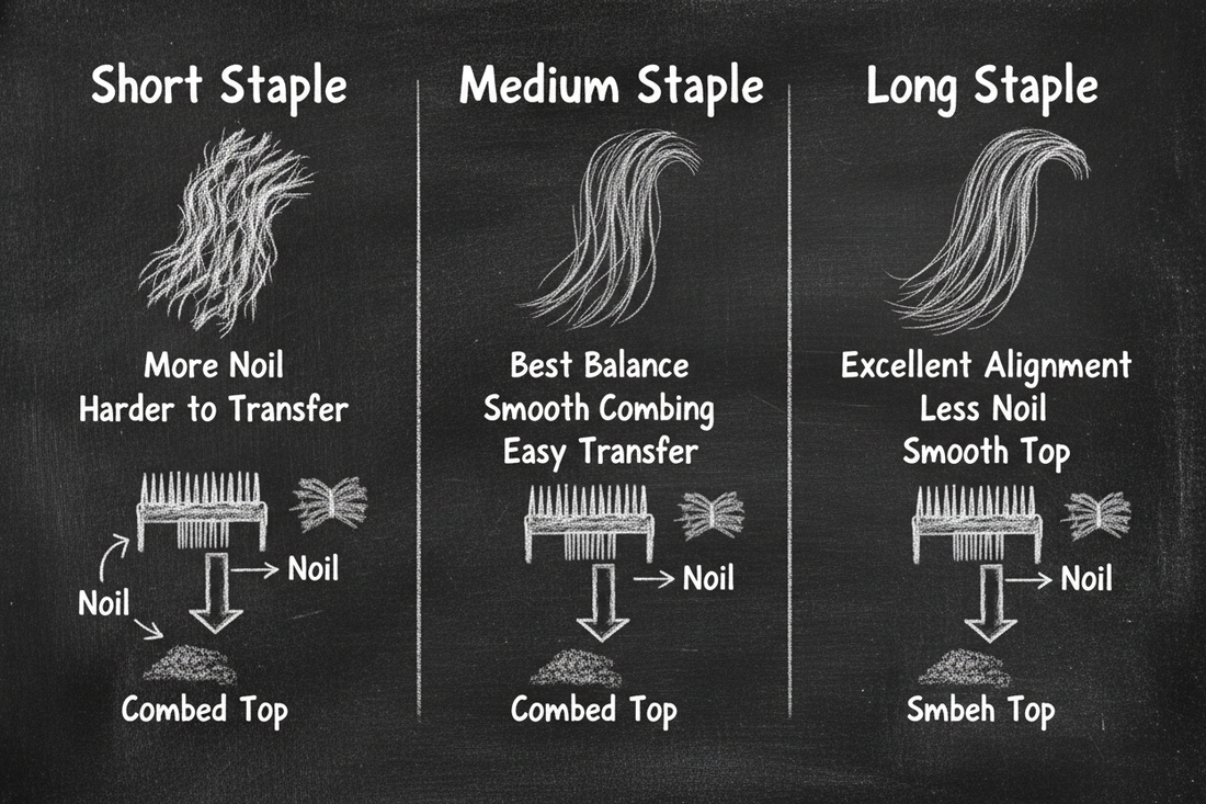 Chalkboard diagram comparing short, medium, and long staple fiber lengths in wool combs, showing how fiber length affects noil production and combed top quality