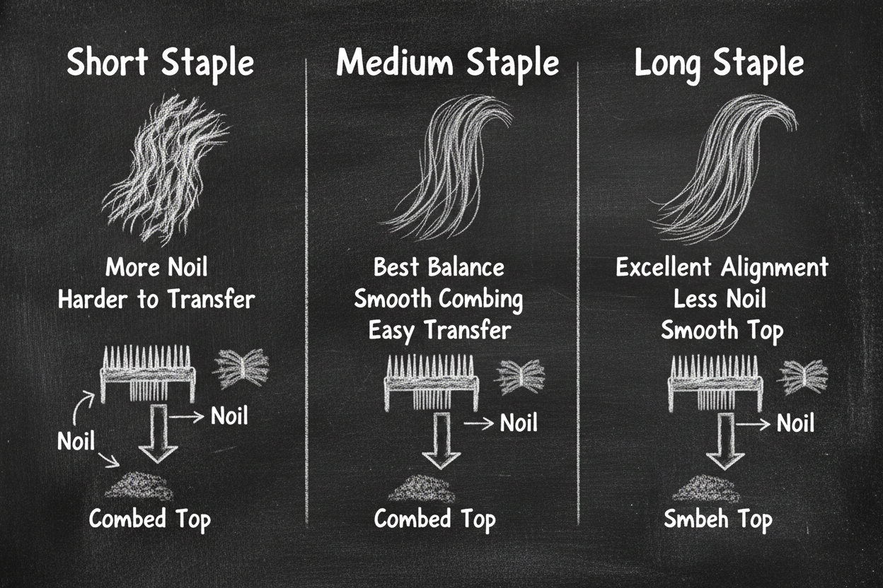 Chalkboard diagram comparing short, medium, and long staple fiber lengths in wool combs, showing how fiber length affects noil production and combed top quality