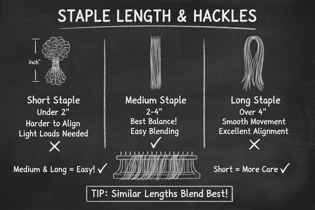 Chalkboard diagram showing three staple lengths for wool hackles: short (under 2 inches, harder to align), medium (2-4 inches, best balance), and long (over 4 inches, smooth movement)