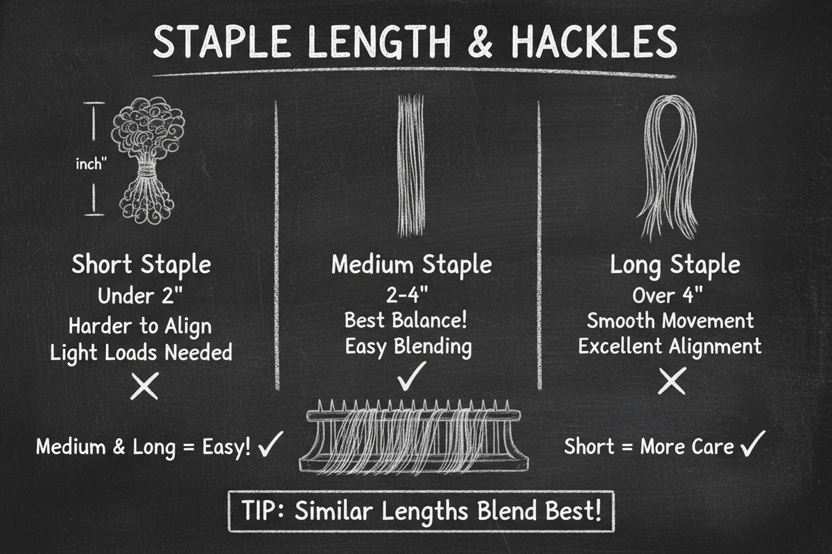 Chalkboard diagram showing three staple lengths for wool hackles: short (under 2 inches, harder to align), medium (2-4 inches, best balance), and long (over 4 inches, smooth movement)