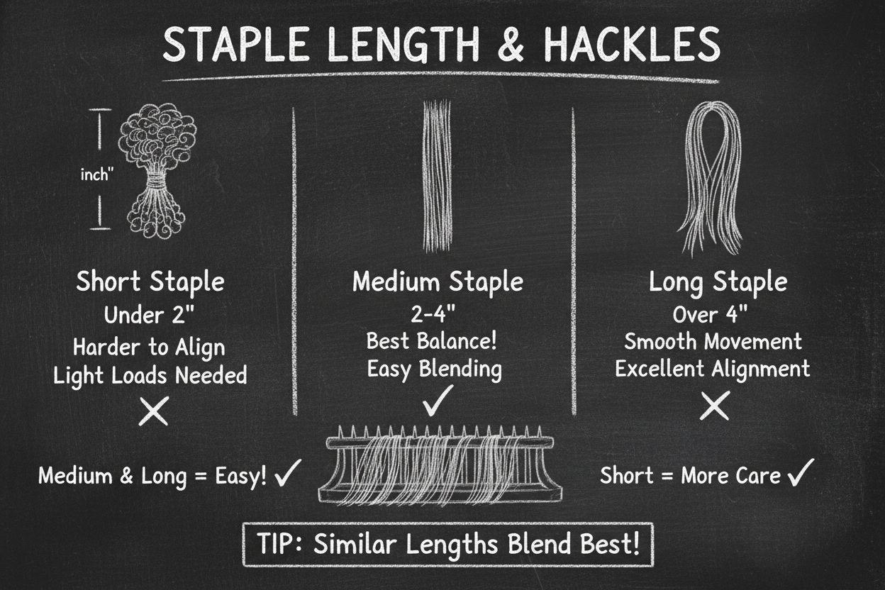 Chalkboard diagram showing three staple lengths for wool hackles: short (under 2 inches, harder to align), medium (2-4 inches, best balance), and long (over 4 inches, smooth movement)
