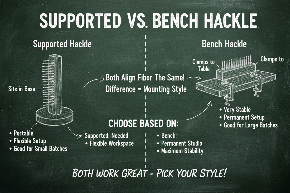 Chalkboard diagram comparing supported hackle (portable, sits in base) vs bench hackle (clamped to table, very stable) - both align fiber the same way
