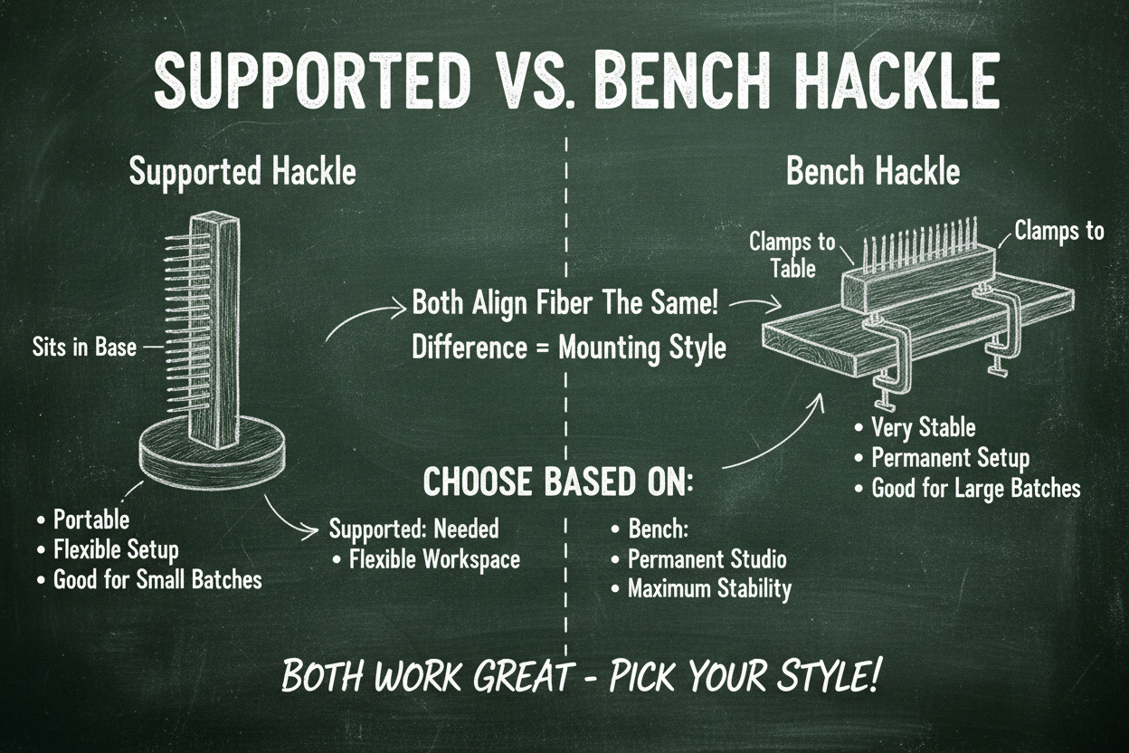 Chalkboard diagram comparing supported hackle (portable, sits in base) vs bench hackle (clamped to table, very stable) - both align fiber the same way