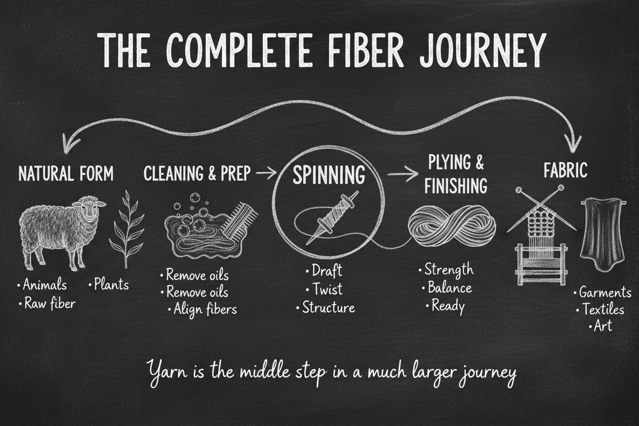 Blackboard diagram illustrating the complete fiber journey from raw fleece on sheep through washing, carding and combing preparation, spinning with a drop spindle, plying, and finished yarn becoming knitted or woven fabric