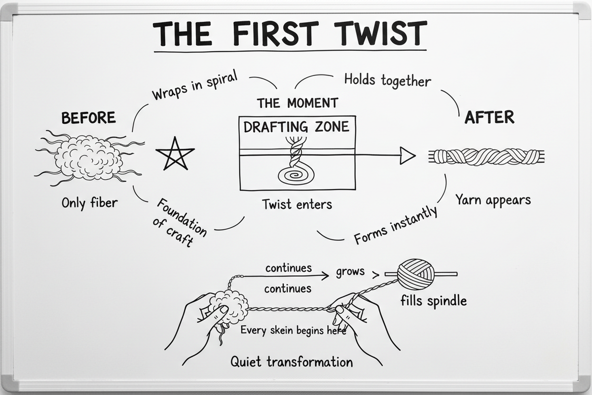 Whiteboard diagram showing eight stages of the first twist — from loose unstructured fiber through the drafting zone, first spiral, yarn growth, rhythm, and the quiet moment every skein begins with