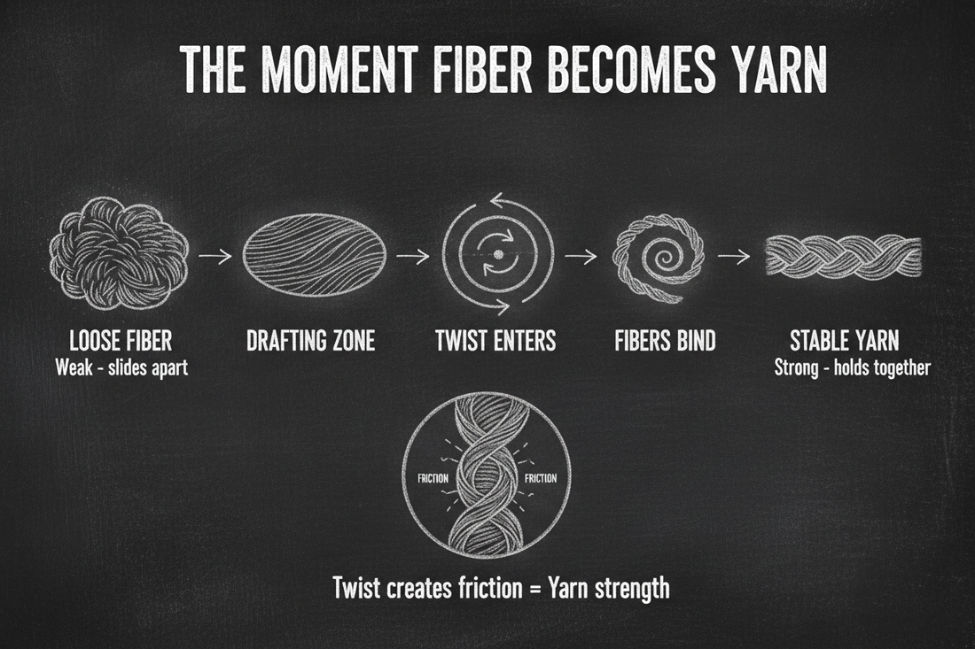 Blackboard diagram showing the six-stage transformation from loose fiber to yarn — loose fiber, drafting zone, twist entry, spiral formation, yarn stabilization, and winding on