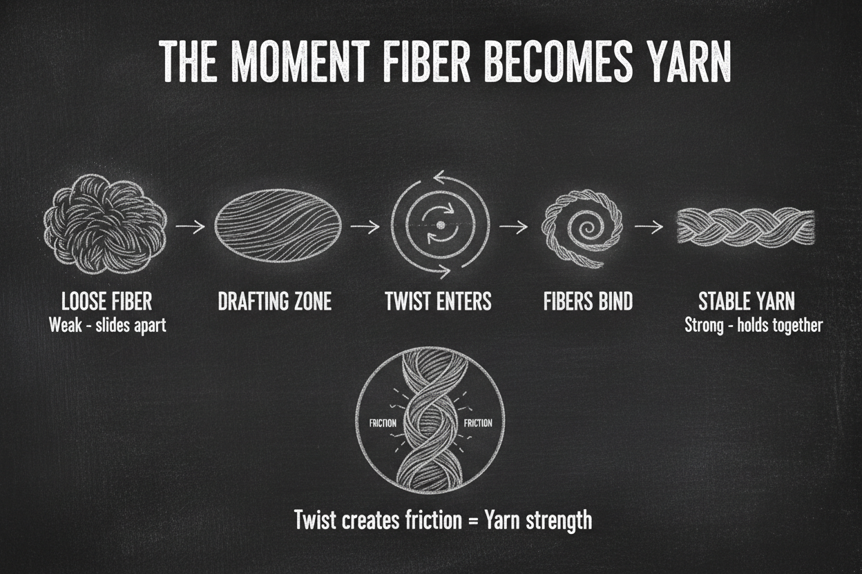 Blackboard diagram showing the six-stage transformation from loose fiber to yarn — loose fiber, drafting zone, twist entry, spiral formation, yarn stabilization, and winding on
