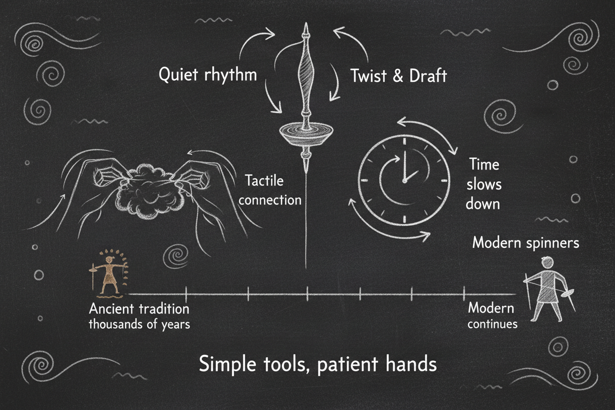 Blackboard diagram showing the quiet rhythm of hand spinning: drop spindle with repetitive motion, hands drafting fiber showing tactile connection, time slowing down, ancient tradition continuing through simple tools and patient hands