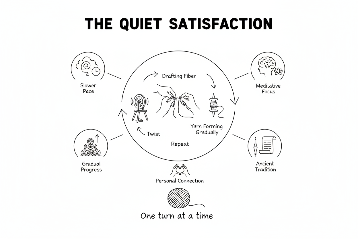 Whiteboard diagram showing seven aspects of hand spinning satisfaction — simplicity, slower pace, focus, gradual progress, familiar tools, personal connection, and fiber transformation
