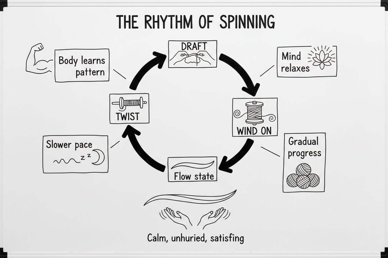 Whiteboard diagram showing the rhythm of spinning: circular flow of draft, twist, wind on repeating continuously, surrounded by benefits