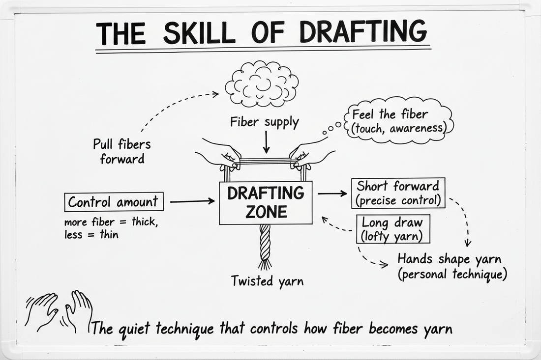 Whiteboard diagram illustrating the drafting process in hand spinning, showing the drafting zone between fiber supply and twisted yarn, short forward drafting technique, and long draw technique with twist traveling into fiber supply
