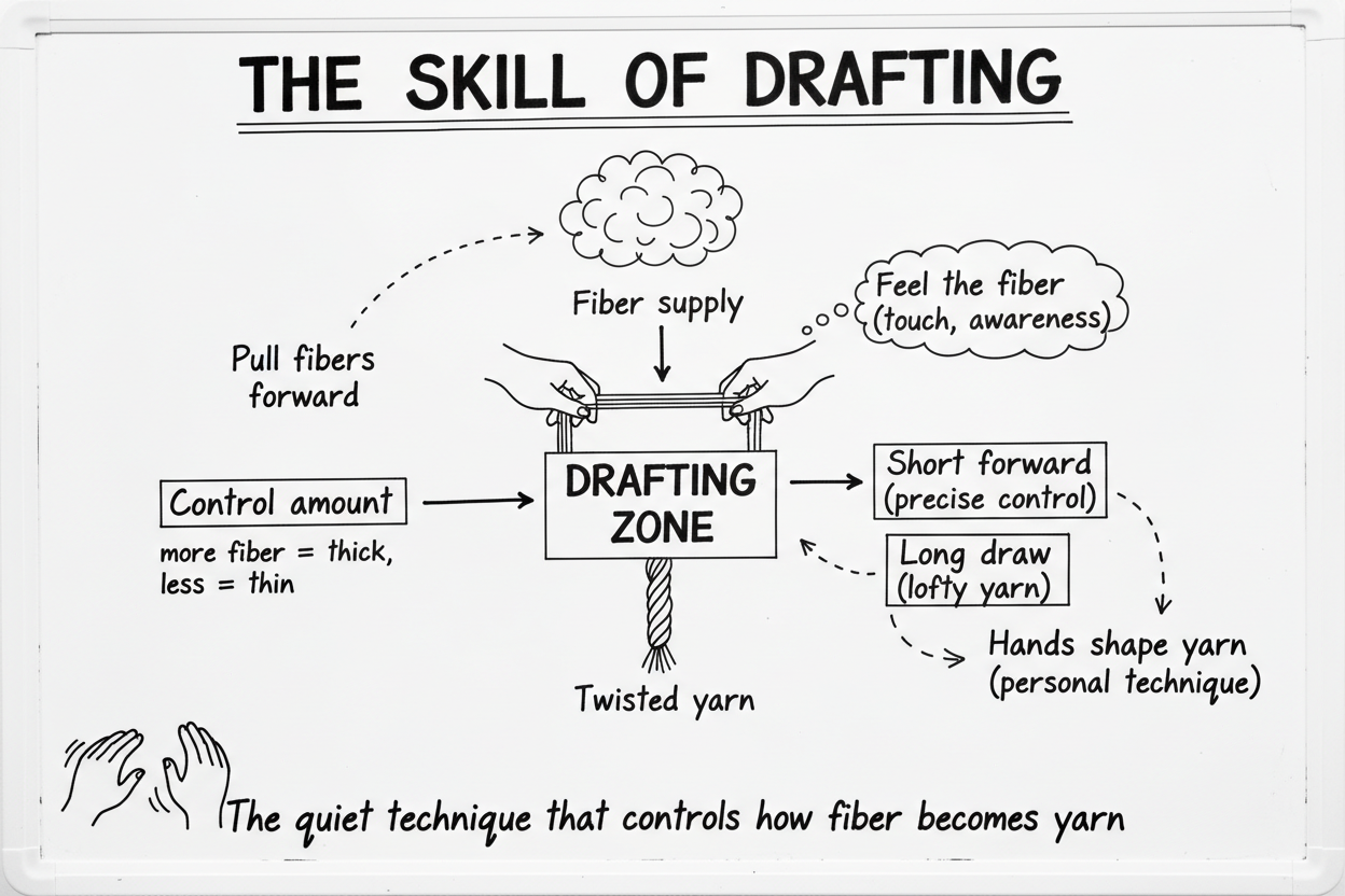 Whiteboard diagram illustrating the drafting process in hand spinning, showing the drafting zone between fiber supply and twisted yarn, short forward drafting technique, and long draw technique with twist traveling into fiber supply