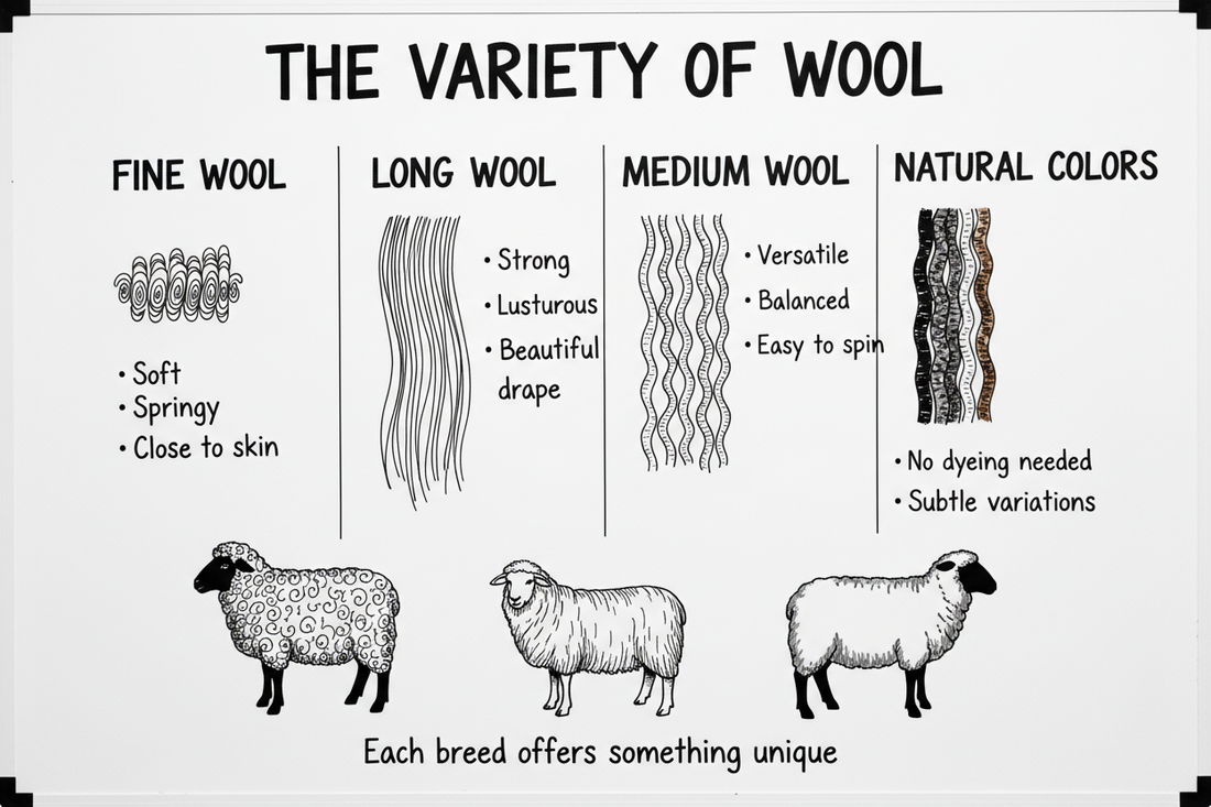 Whiteboard diagram showing four wool types for spinning — fine wool, long wool, medium wool, and natural colors — with characteristics and best uses for each