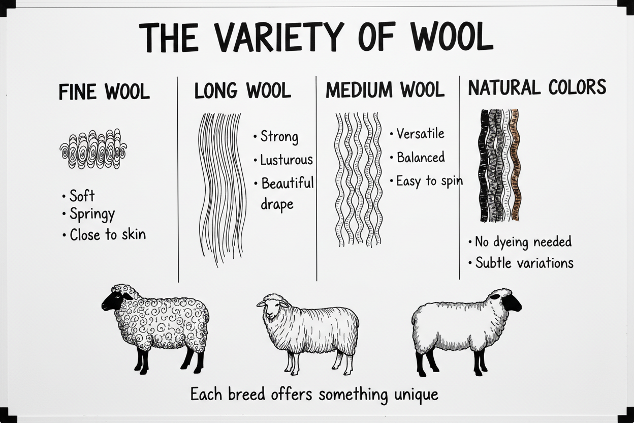 Whiteboard diagram showing four wool types for spinning — fine wool, long wool, medium wool, and natural colors — with characteristics and best uses for each