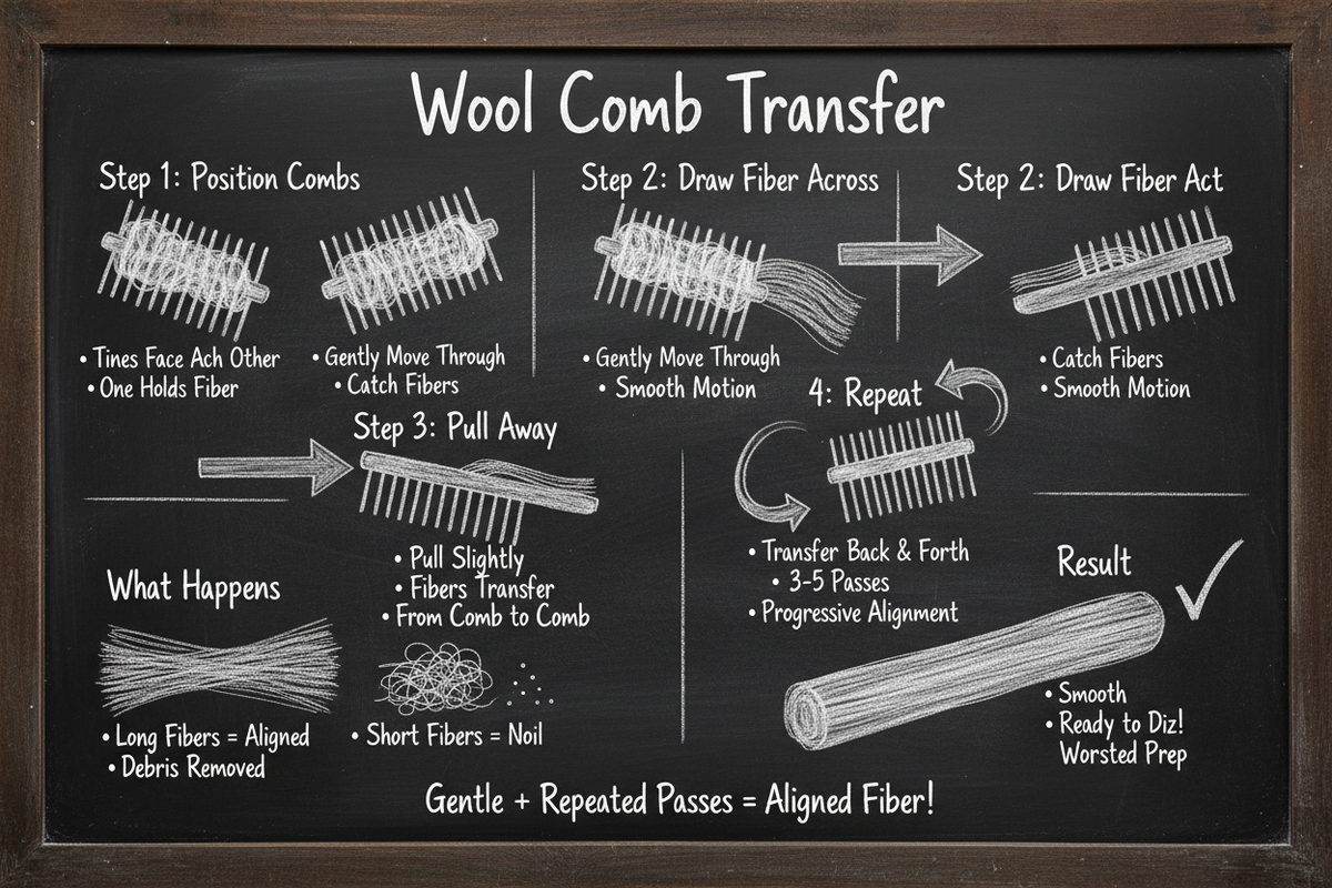 Chalkboard diagram showing wool comb transfer steps: position combs facing each other, draw fiber across gently, pull away to transfer, repeat 3-5 passes for progressive alignment, resulting in smooth parallel fiber ready to diz