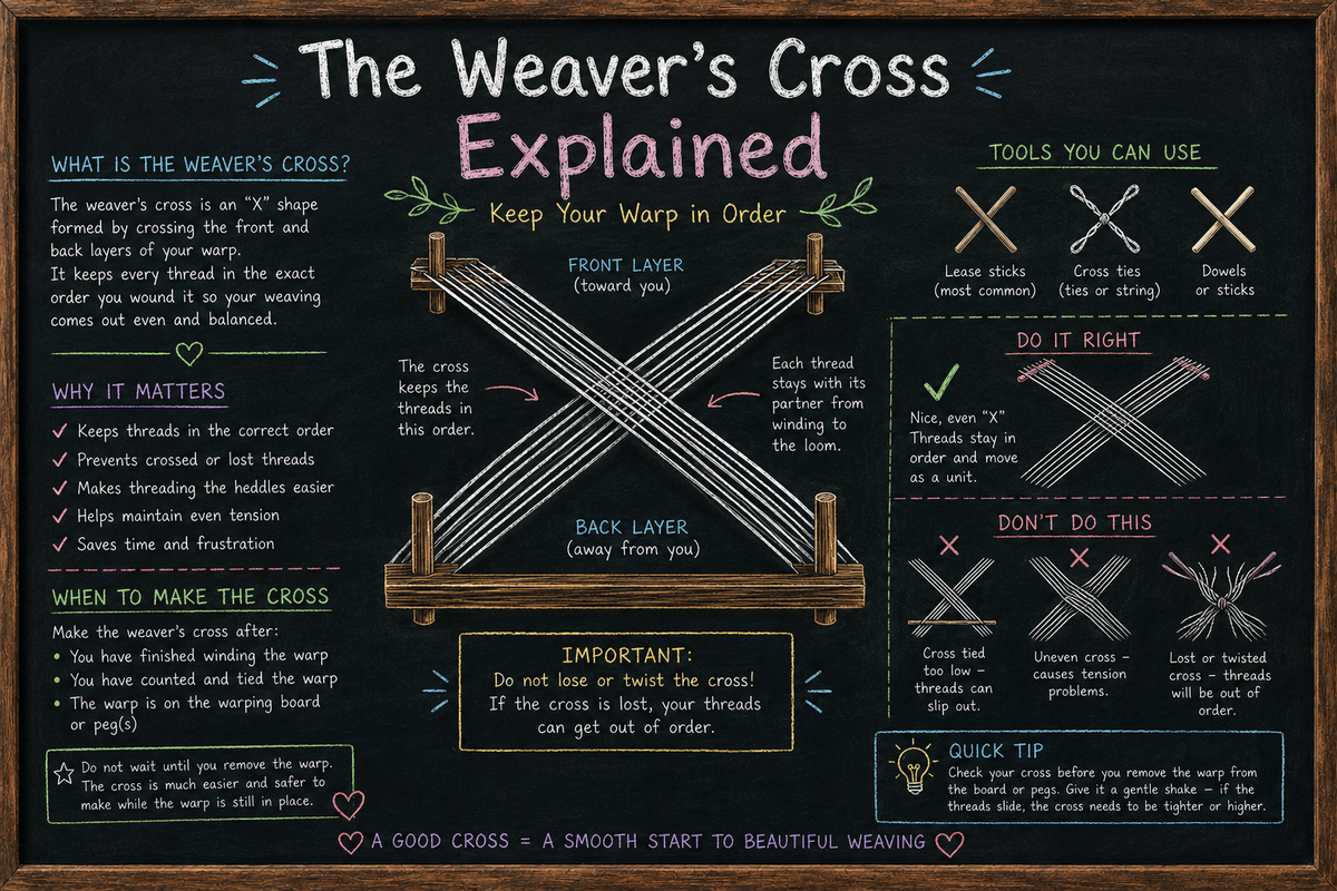Chalkboard-style illustration showing a close-up of the weaver’s cross with warp threads crossing in sequence to preserve thread order before dressing the loom.