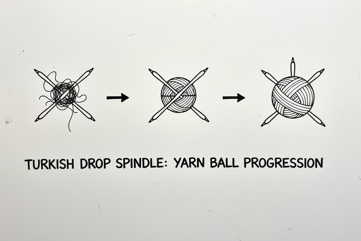 Three Turkish drop spindles showing progressive stages of a center-pull yarn ball (turtle) forming on the crossed arms