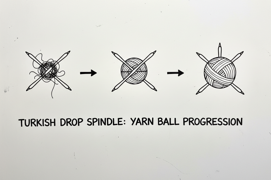 Three Turkish drop spindles showing progressive stages of a center-pull yarn ball (turtle) forming on the crossed arms