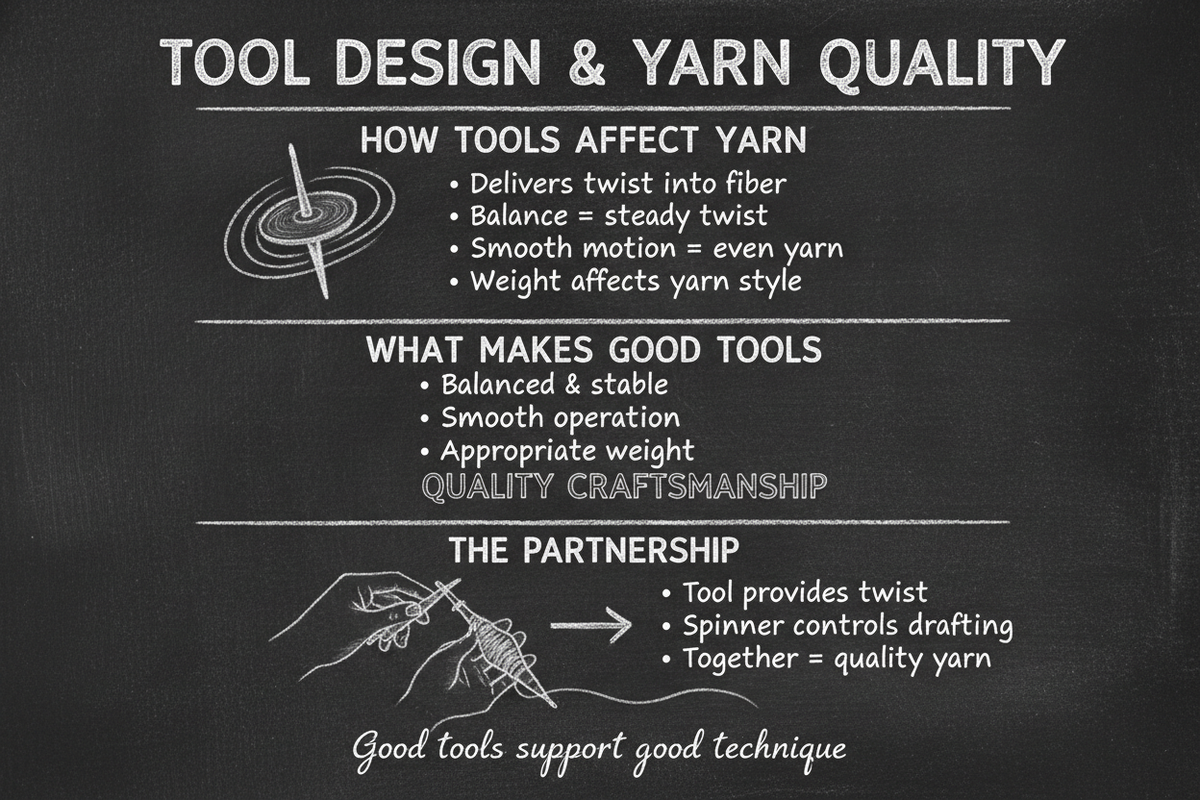 Blackboard diagram showing the relationship between tool design and yarn quality, explaining balance, motion, and the partnership between spinner and tool
