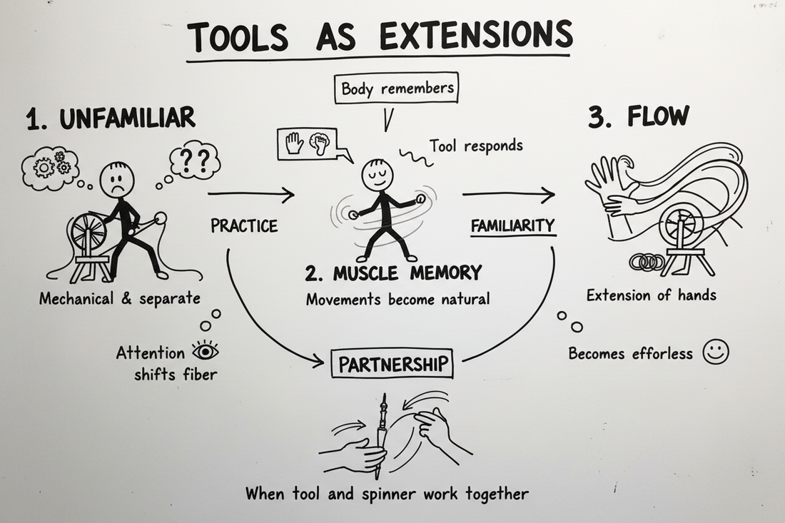 Whiteboard diagram showing the seven stages of spinning tool mastery — from early learning through muscle memory, tool familiarity, attention shift, flow, and effortless partnership between spinner and tool