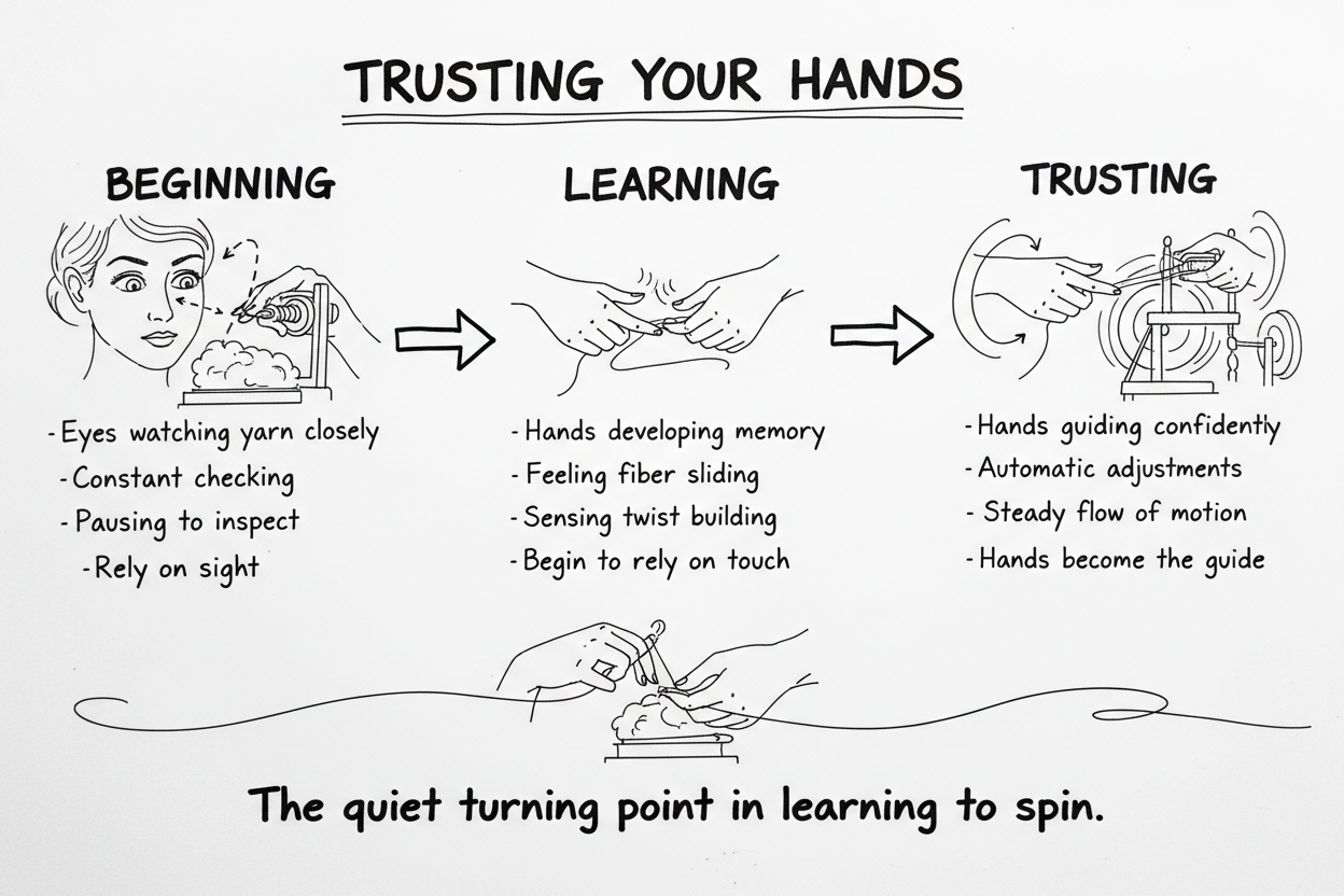 Whiteboard diagram showing seven stages of a spinner learning to trust their hands — from watching closely and developing hand memory through automatic adjustments, natural rhythm, confidence, and effortless flow