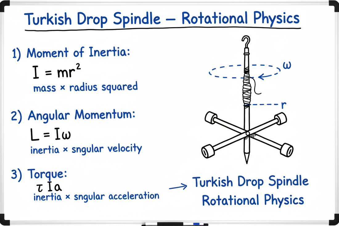 Whiteboard diagram of Turkish drop spindle physics formulas: moment of inertia, angular momentum, and torque, with labeled spindle illustration