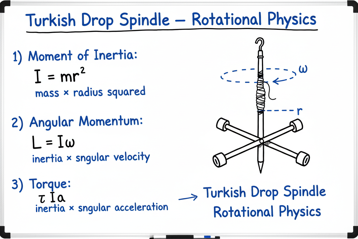 Whiteboard diagram of Turkish drop spindle physics formulas: moment of inertia, angular momentum, and torque, with labeled spindle illustration