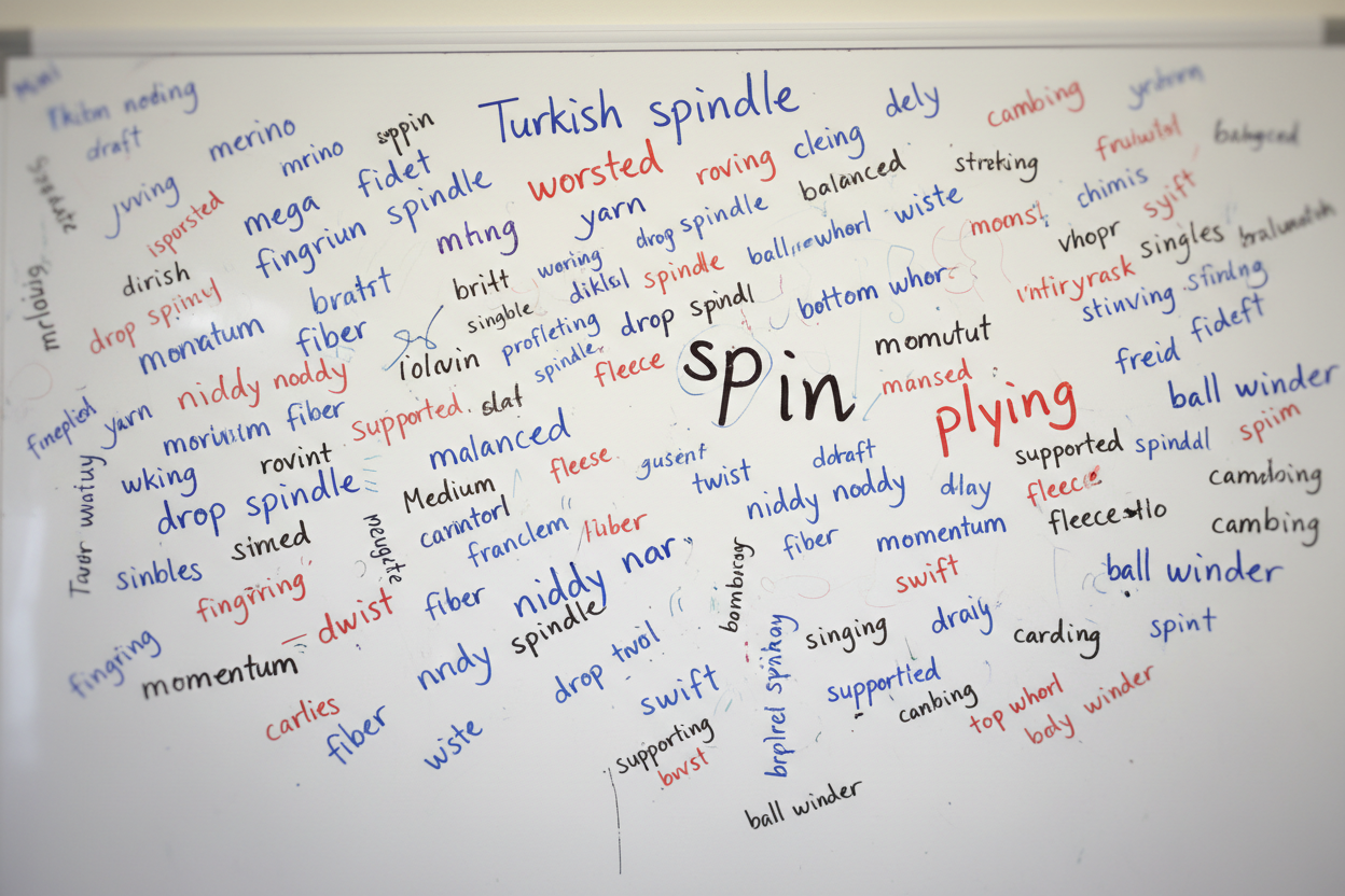 Comparison chart showing Mini, Medium, and Mega Turkish drop spindle sizes with weight specifications and yarn types
