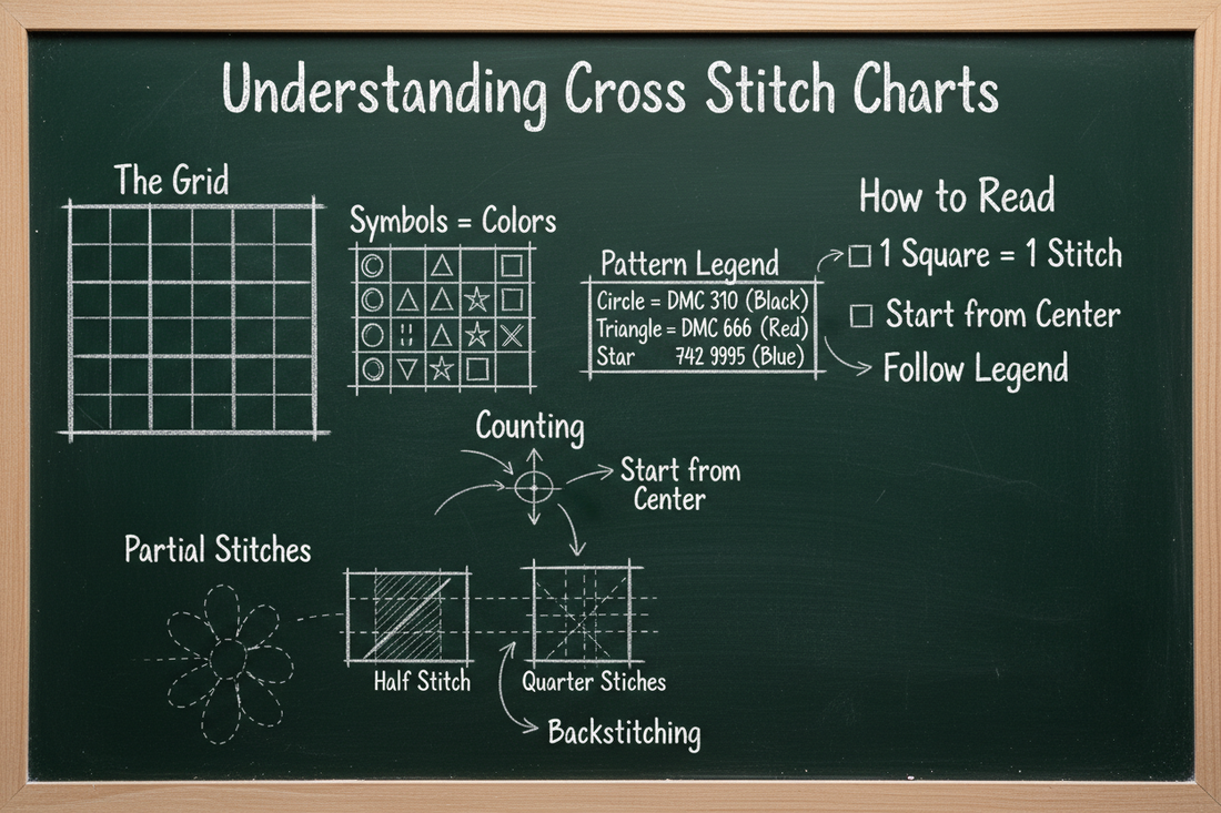 Blackboard diagram explaining cross stitch pattern charts: grid system, symbols for thread colors, pattern legend, counting from center, partial stitches, and backstitching techniques